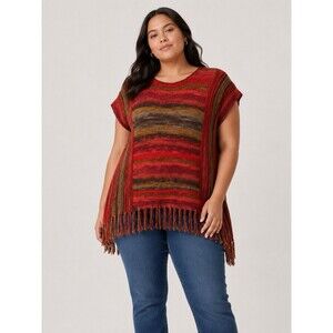 One Of A Kind Hand Knit Boho Fringe Sweater Poncho Top Red